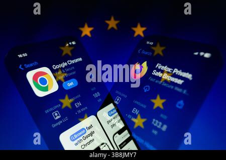 January 28, 2024, Asuncion, Paraguay: Google Chrome and Mozilla Firefox web browsers apps are displayed on the App Store on iPhone backdropped by cropped flag of the European Union. (Credit Image: © Andre M. Chang/ZUMA Press Wire) Stock Photo