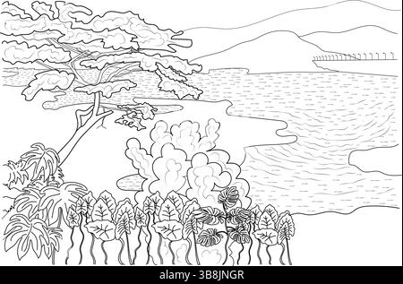A detailed black and white line art illustration depicting a scenic landscape featuring a backwater dam, reservoir, lush trees, and various plants wit Stock Vector