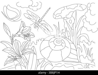 Detailed black and white line art illustration featuring an old snail shell resting on the ground. A dragonfly hovers nearby, while a blooming lily fl Stock Vector