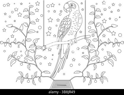 Black and white line art illustration of a macaw parrot sitting on a perch or swing, surrounded by stylized branches, stars, and circles. Ideal for co Stock Vector