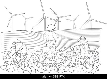 Line art illustration depicting farm workers in conical hats harvesting crops in a field with modern wind turbines generating clean energy in the back Stock Vector