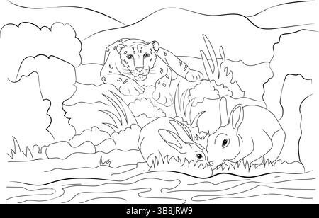 Black and white line art drawing of a snow leopard hidden behind rocks and bushes, ready to pounce on two unsuspecting rabbits in the foreground. Illu Stock Vector