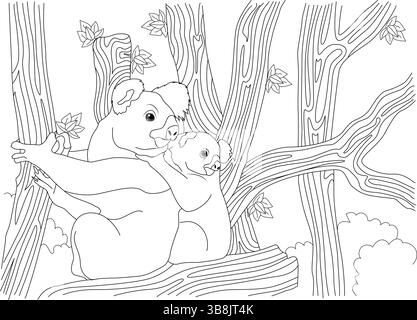 Black and white outline illustration of a mother koala bear with her baby joey sitting together on a eucalyptus tree branch, suitable for a coloring b Stock Vector