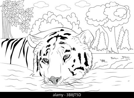 Black and white line drawing illustration of a tiger partially submerged in a river, cooling off on a hot day. The majestic wild cat is shown from the Stock Vector