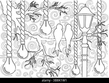 A detailed black and white line art illustration featuring two birds perched on a branch adorned with hanging lightbulbs and a street lamp, all set ag Stock Vector