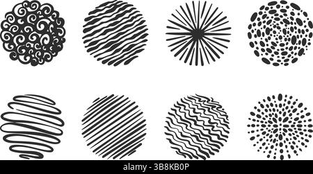 Textured circles with patterns. Abstract vector hand drawn graphic in rounds. Scribble design with dots spirals and grunge organic doodles. Curved Stock Vector