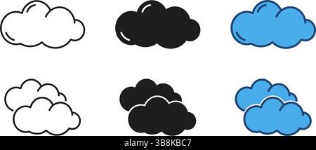 Cloud weather symbols line and solid icon set. Various cloudy shapes, including sunshine and rain elements, ideal for weather apps and forecasts Stock Vector