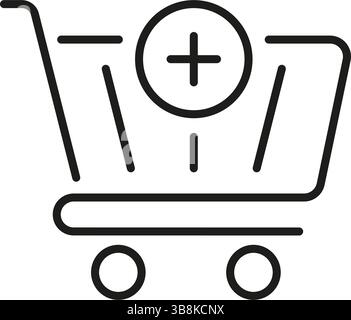 Shopping Cart With Plus Sign Line Icon. Add To Cart, Online Shopping, And E-Commerce Functionality Outline Symbol. Retail And Digital Marketplace Stock Vector