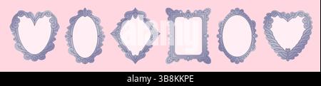 Antique mirror frames set - ornate decorative borders, heart shaped elegant design, diamond motif, oval Victorian style, rectangular filigree pattern. Vintage hand drawn gray shapes on pink background Stock Vector
