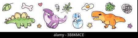Cute kawaii baby dinosaur stickers - adorable dino hatching from egg, charming tyrannosaurus rex, lovable stegosaurus, playful parasaurolophus. Colorful Jurassic cartoon characters for kids design. Stock Vector