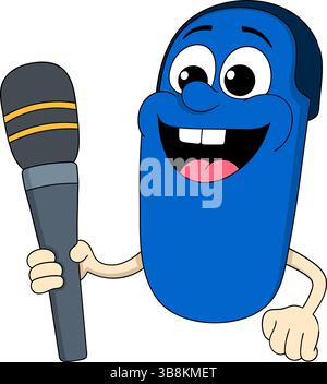 A fun and expressive blue cartoon mascot holding a microphone, perfect for representing a podcaster, host, or audio content creator. Stock Vector