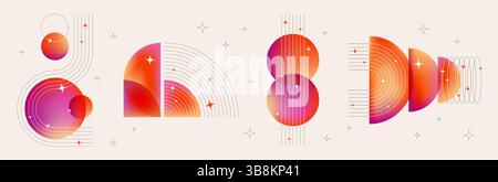 Bauhaus music poster design - geometric gradient shapes, arcs and line form for abstract record covers. Stylized retro illustration for vinyl albums with concentric patterns and shimmering stars. Stock Vector