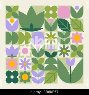 Geometric flower pattern - simplified botanical shapes form decorative grid. Stems and blooms, leaves in shades of green, purple and pink floral ornament design. Natural garden and spring motif. Stock Vector