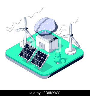 Smart Power Plant integrates Solar Panels and wind Turbines. Artificial intelligence manages renewable energy generation Stock Vector