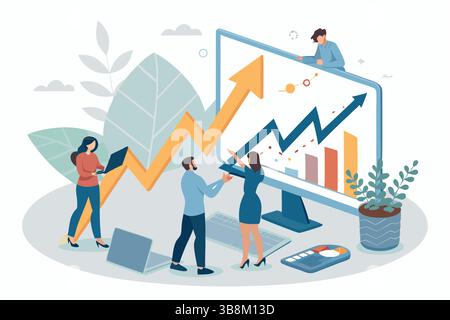 Team celebrates business growth upward trending graphs on large screen collaborative success modern Stock Vector