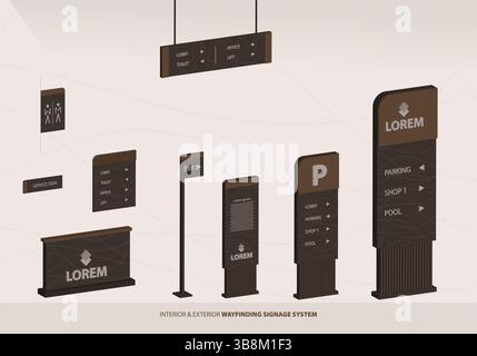 Wayfinding system 3D signage mockup set Direction signs Exterior and interior way finding design Stock Vector