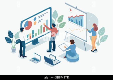 Team analyzing data charts graphs business presentation collaborative work modern office flat design Stock Vector