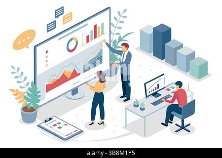 Team analyzing data charts on large screen collaborative work modern office isometric illustration Stock Vector