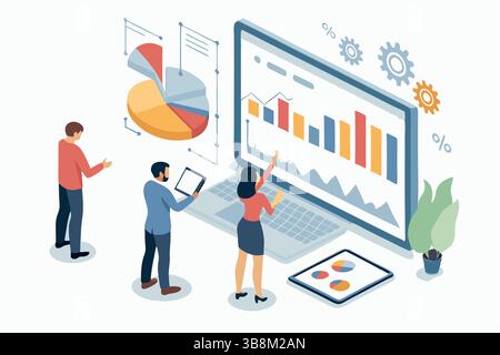 Team analyzes data graphs charts on large screen vibrant business analytics modern data Stock Vector