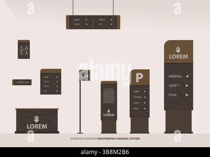 Wayfinding system signage mockup set Direction signs Exterior and interior way finding design Stock Vector
