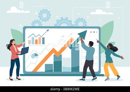 Diverse team celebrates business growth achieving upward trend positive progress shown on laptop Stock Vector