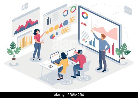 Team analyzes data charts graphs and key performance indicators KPIs during a business meeting Clean Stock Vector