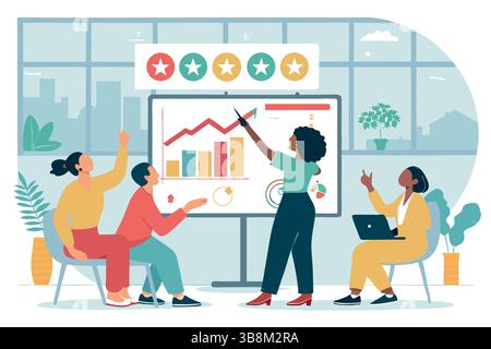 Team brainstorming innovative solutions analyzing upward trending graphs achieving business success Stock Vector