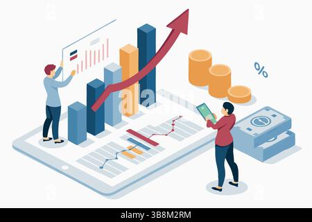 Business growth analysis team reviewing financial charts upward trend profit increase financial Stock Vector