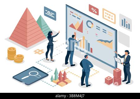 Team analyzes data charts graphs and key performance indicators KPIs during a business meeting Clean Stock Vector