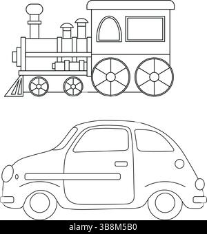 Vector hand drawn set with car, toy train. Colorbook Stock Vector