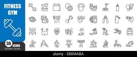 Fitness and gym outline icon . Editable stroke . Vector . Stock Vector