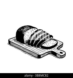 Hand drawn sketch of sliced bread. Fresh bread on a kitchen board. Vector Stock Vector