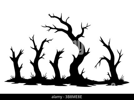 Silhouettes of sinister trees. Panorama of old forest on Halloween. Vector illustration. Stock Vector