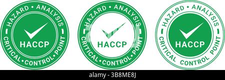 set of green circular HACCP badges with checkmark and text hazard analysis critical control point, used for food safety certification labels Stock Vector