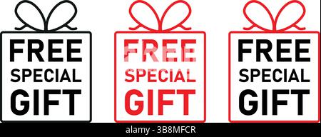 three outlined gift box icons with bow and text free special gift in black and red, used for offers, deals, promotions, and marketing visuals Stock Vector