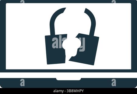 Simple flat design icon of a broken lock on a laptop screen, representing data breach or system vulnerability Stock Vector