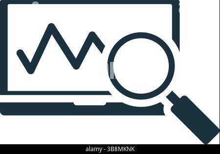 Laptop displaying line graph being analyzed with magnifying glass, symbolizing data research and market analysis Stock Vector