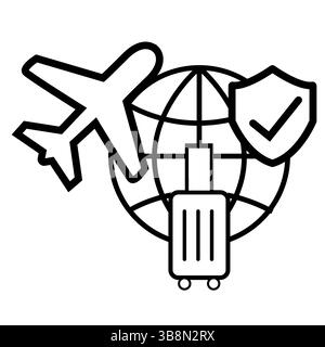 Travel insurance icon. Wheeled luggage, checkmark and shield sign. Secure travel, insurance and checked baggage. flat style. Stock Photo
