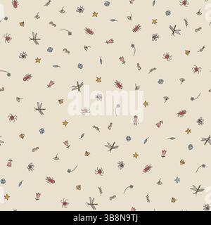 Seamless pattern with hand-drawn small bugs on a muted beige background Stock Vector