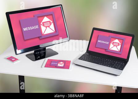 Message concept shown on different information technology devices Stock Photo