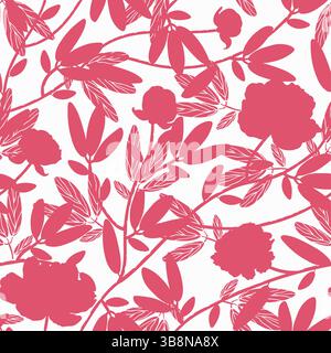 A bold and elegant floral silhouette pattern with blooming peonies and leafy branches in deep rose tones Stock Vector