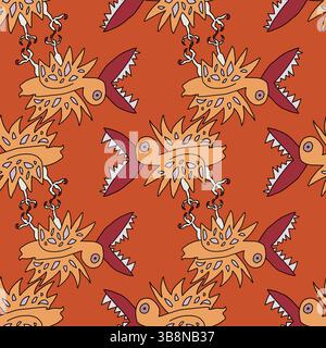 Seamless pattern with quirky, cartoon-style birds on orange background Stock Vector