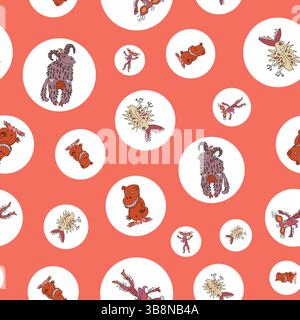 Seamless pattern with quirky, cartoon-style monsters in white bubbles on orange background Stock Vector