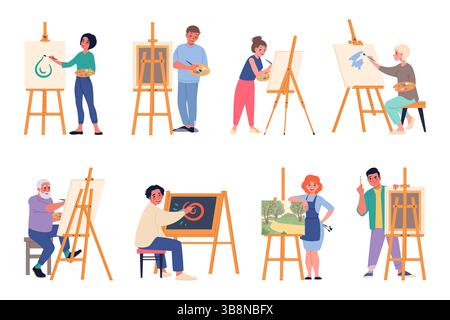 Artists with easels. Cartoon painters characters, men and women paint pictures on canvas, drawing workshop participants, hobby and occupation Stock Vector