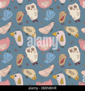 Seamless pattern with hand-drawn birds in playful pastel colors on a muted blue background Stock Vector