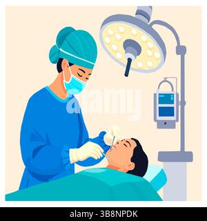 Vector illustration of a female surgeon performing surgery in an operating room, wearing a mask, gloves, and a surgical light, depicting a professiona Stock Vector