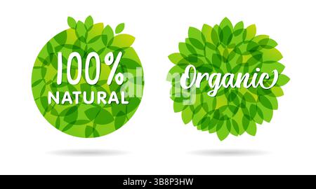 Set of round green labels with transparent leaves and white backdrop. 100 percent natural icon concept. Organic product label design. Creative circles Stock Vector