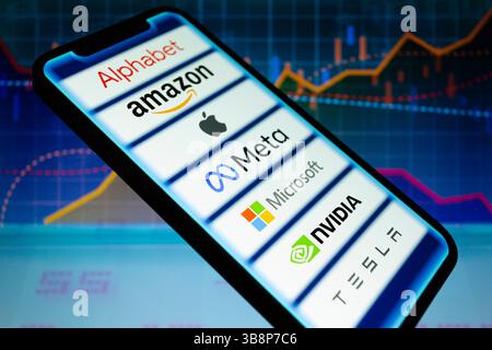 December 26, 2023, Asuncion, Paraguay: Logos of Alphabet, Amazon, Apple, Meta Platforms, Microsoft, Nvidia, and Tesla; high-performing and influential companies in the U.S. stock market, displayed on a smartphone backdropped by visual representation of stock and line charts. (Credit Image: © Andre M. Chang/ZUMA Press Wire) Stock Photo