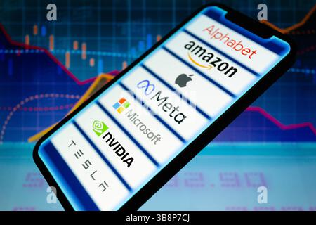 December 26, 2023, Asuncion, Paraguay: Logos of Alphabet, Amazon, Apple, Meta Platforms, Microsoft, Nvidia, and Tesla; high-performing and influential companies in the U.S. stock market, displayed on a smartphone backdropped by visual representation of stock and line charts. (Credit Image: © Andre M. Chang/ZUMA Press Wire) Stock Photo