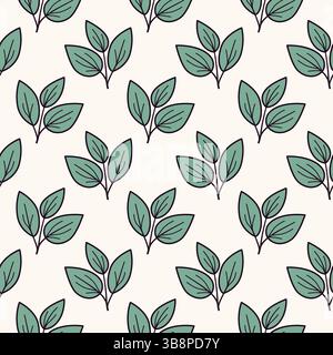 Elegant seamless pattern featuring stylized teal leaves on a cream background. Perfect for textile prints, wallpaper, packaging, or website design. Stock Vector